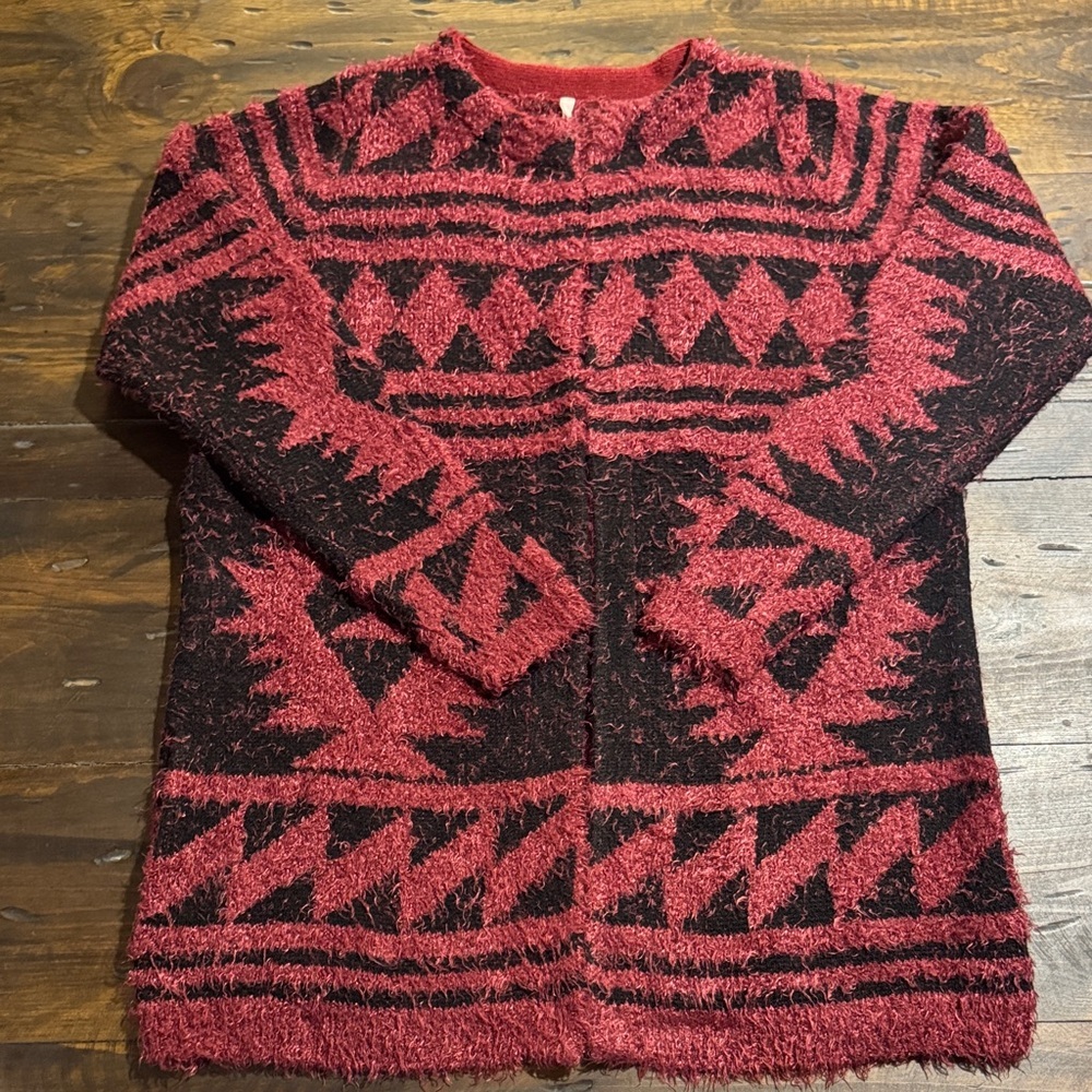 Anthology Red and Black Geometric Patterned Western Cardigan with Pockets